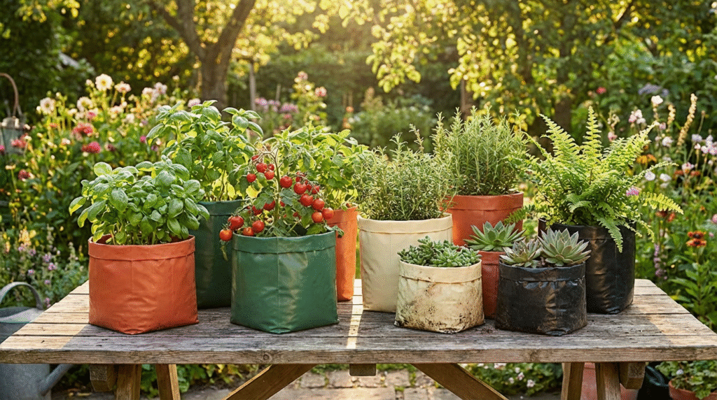 Illustration of potted plants in clean and slightly used plastic grow bags in a home garden, showing eco-friendly gardening and practical plant care.