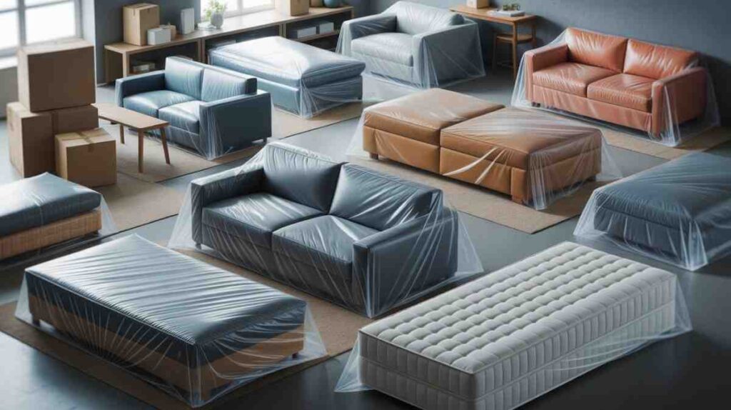 Large clear plastic bags covering sofas, chairs, tables, and mattresses to protect them from dust, moisture, and scratches during moving or storage