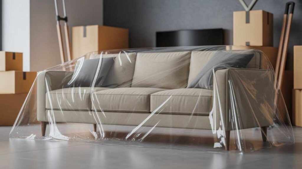 Clear plastic bag covering a sofa and furniture to protect against dust, moisture, and scratches during moving or storage