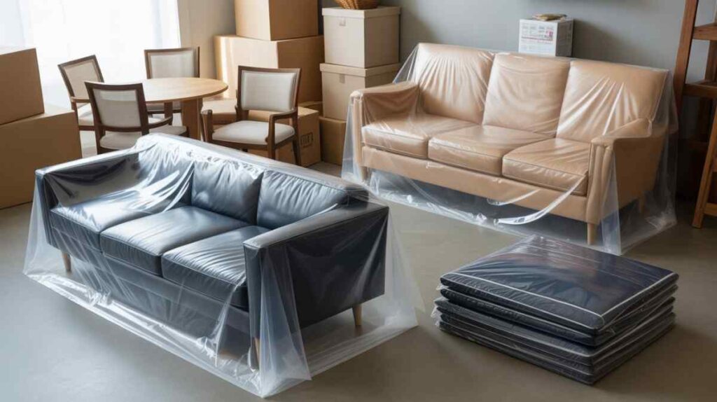 Extra-large polyethylene covers protecting sofas, chairs, tables, and mattresses from dust, moisture, and handling damage during moving or storage