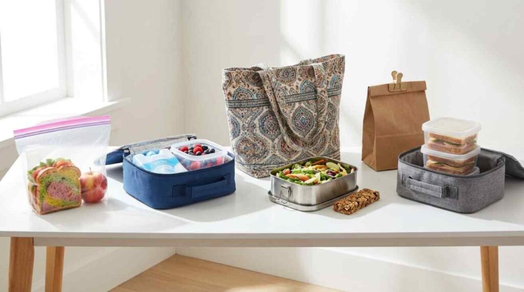 Variety of lunch bags filled with sandwiches, fruits, and snacks on a clean table, showing portability, safety, and versatility for meals.