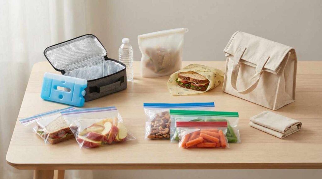 Different types of food storage and lunch bags on a table, including disposable, reusable, insulated, and eco-friendly options filled with snacks and meals.