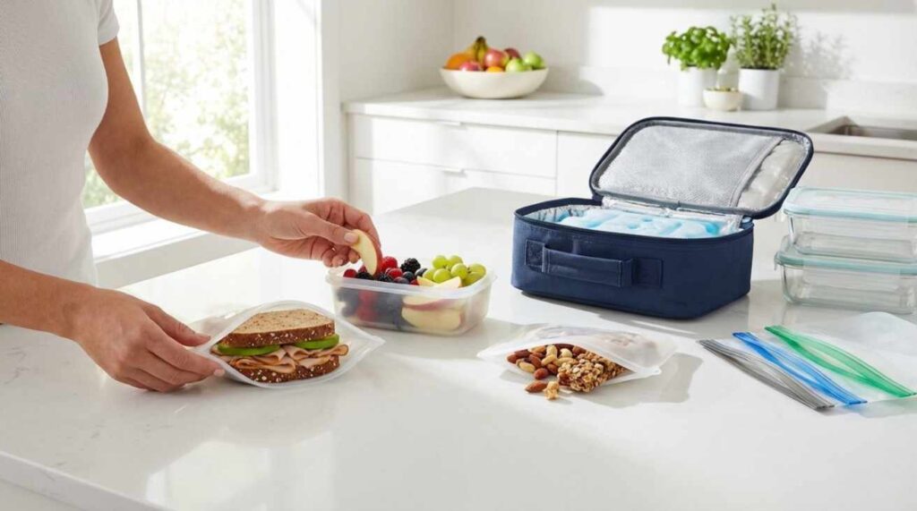 Person safely packing fresh food into clean reusable lunch bags on a hygienic kitchen surface with insulated storage nearby