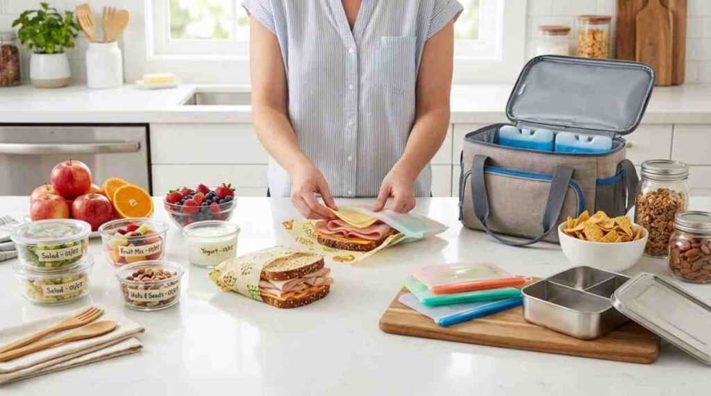 Proper lunch packing with labeled containers, insulated storage, ice packs, and eco-friendly food wraps on a clean kitchen counter
