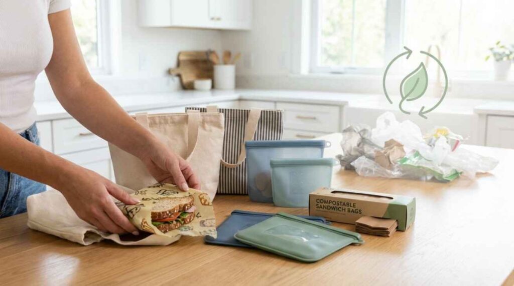 Person selecting eco-friendly lunch storage options such as reusable bags, beeswax wraps, and silicone food containers in a clean kitchen setting