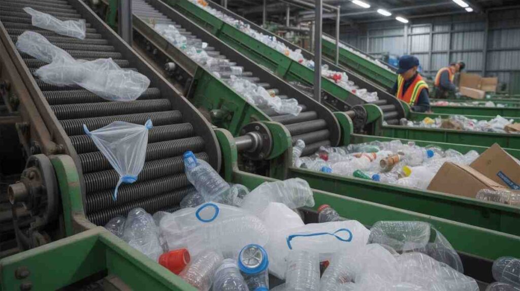 Thin plastic bags stuck in recycling machines, showing why they are removed and sent to landfills instead of being recycled.