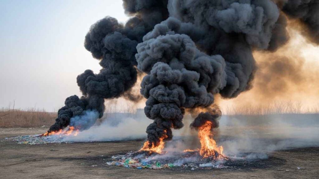 Plastic bags being burned and releasing toxic smoke and harmful gases into the air, causing pollution.