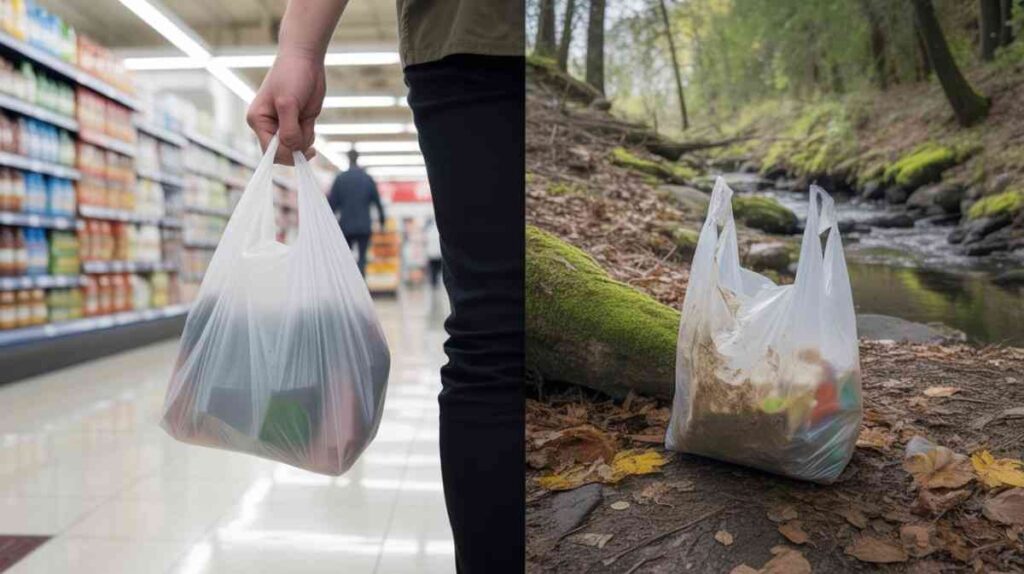 A plastic bag used briefly and then shown lasting for many years in nature, highlighting long-term environmental damage.