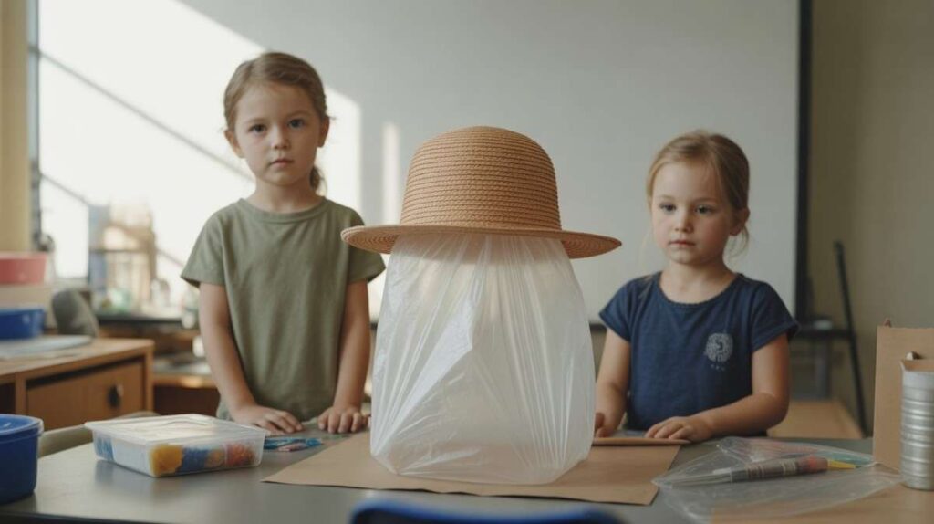 Simple handmade hat made from a plastic shopping bag used in school craft and recycling awareness activities
