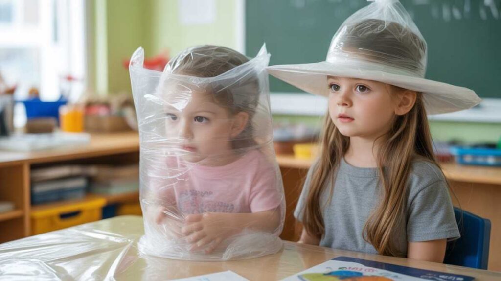 Handmade hat made from a recycled plastic shopping bag used in a school craft and sustainability activity