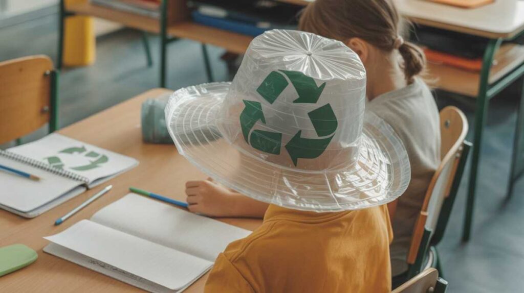 Handmade hat made from a plastic shopping bag being reused for an educational sustainability activity