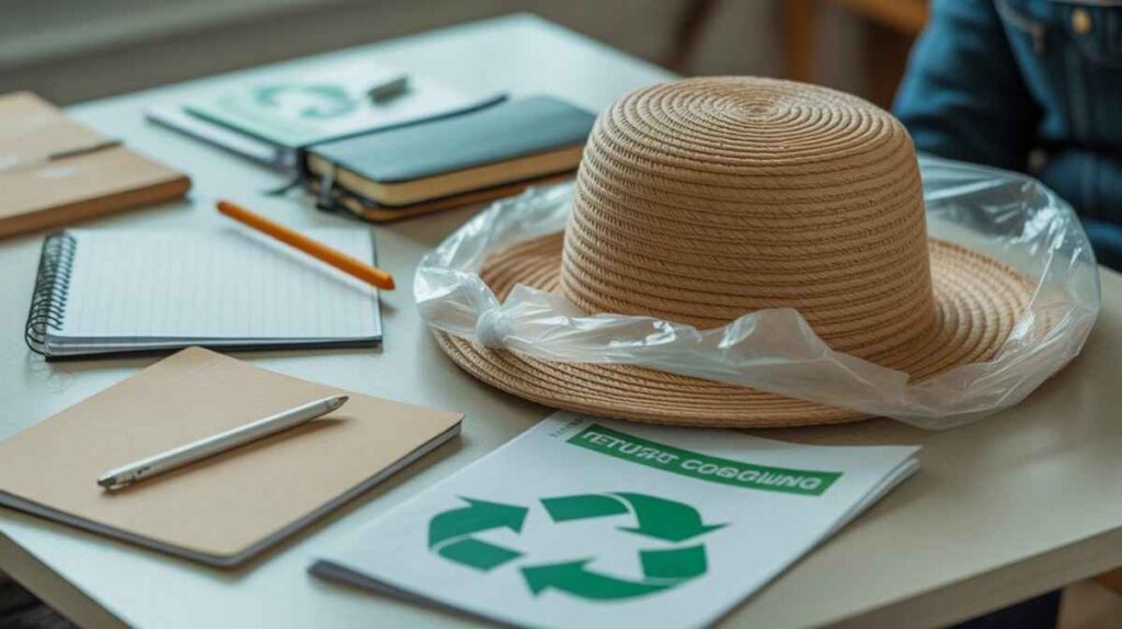 Handmade hat made from a plastic shopping bag shown after reuse with recycling and waste management context