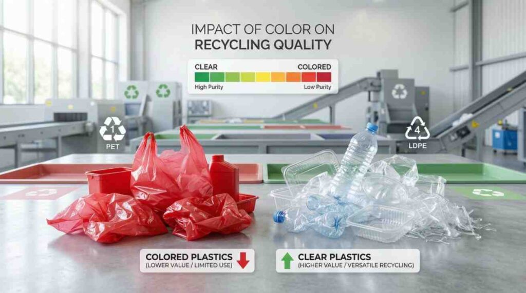 Colored plastic bags mixed with recycled materials showing how dyes affect recycling quality