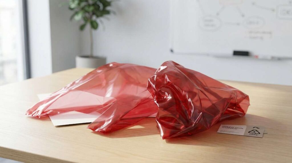 Red plastic bags made from thin, flexible plastic material showing texture, color, and composition