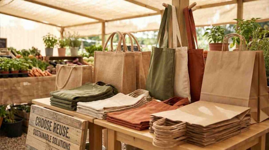Reusable shopping bags, cloth bags, and paper bags shown as eco-friendly alternatives to reduce waste