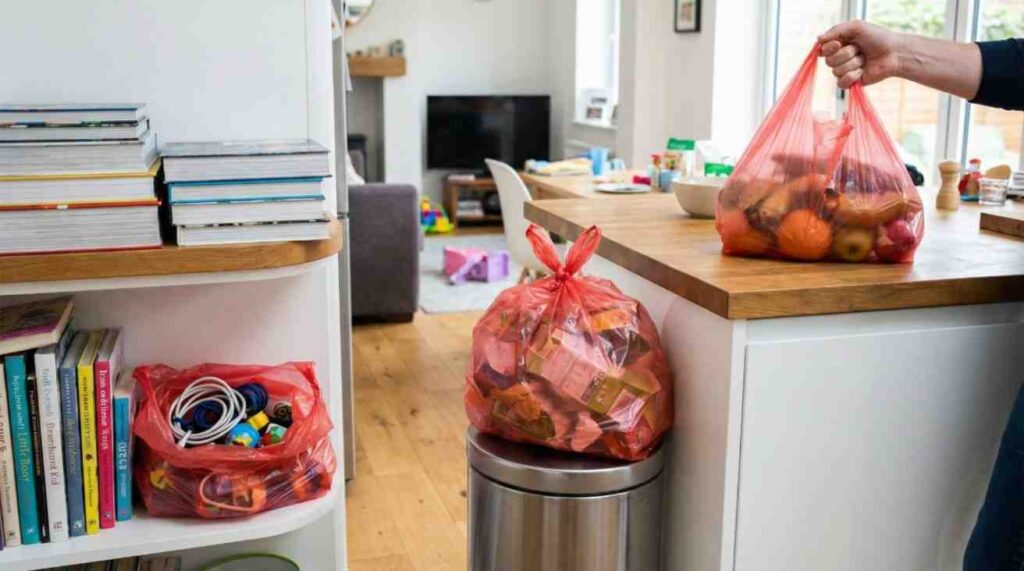 Red plastic bags used for shopping, household waste, and temporary storage in everyday settings