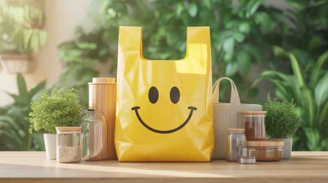 Plastic Bag Smiley Face showing a cheerful design with eco-friendly recycling theme for blog article on 5 shocking recycling facts