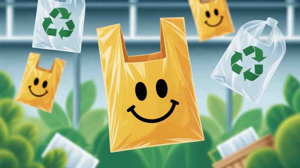 Smiley face plastic bag stuck in a recycling machine with thin plastics and environmental elements, showing the challenges of recycling systems.