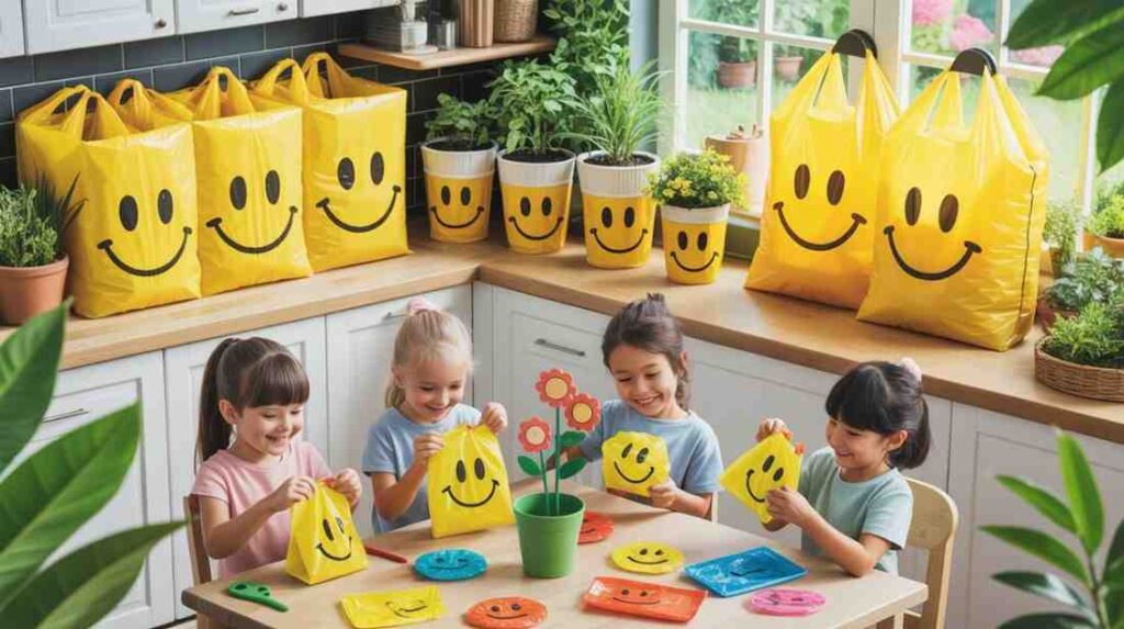 Yellow smiley face plastic bags being reused for home storage, trash liners, plant pots, and DIY crafts in a bright, eco-friendly setting.