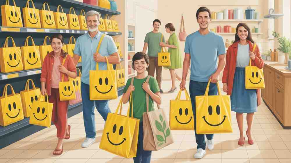 Yellow smiley face plastic bags displayed in stores and being carried by people, showing cheerful design and eco-friendly shopping options