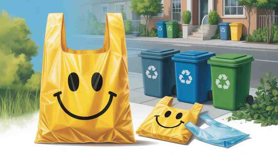 Yellow smiley face plastic bag near recycling bins with greenery and eco-friendly items, showing recycling challenges of thin plastic bags
