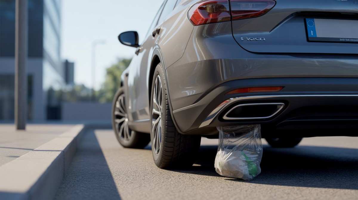 Plastic Bag Stuck Under Car showing plastic waste trapped near vehicle exhaust and highlighting the importance of recycling and safe removal