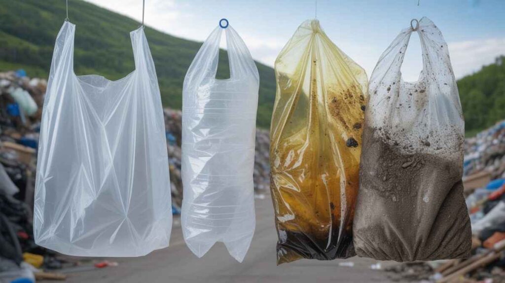Examples of different plastic bags showing recycling difficulties due to contamination, dirt, oil residue, and material type.