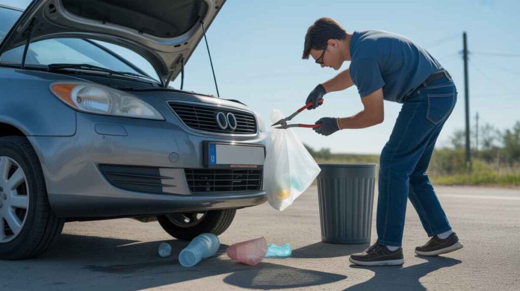 Person wearing gloves safely removing plastic debris from under a car using tools and disposing of it properly.