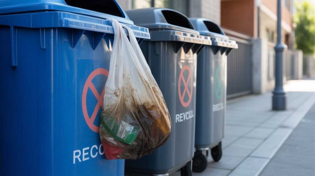 Contaminated plastic bag shown as unsuitable for recycling and placed near a trash bin for proper disposal.