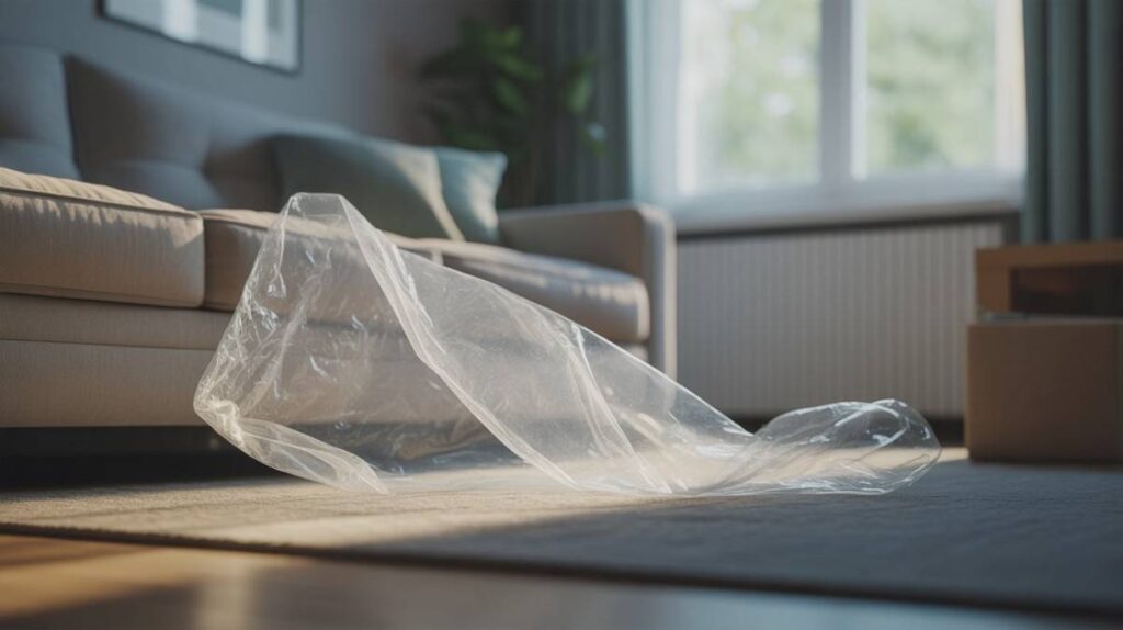A thin plastic bag lying on a living room floor, showing how easily it can block airflow and create a household breathing risk.