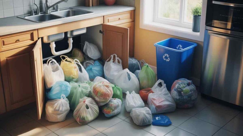 Plastic bags stored inside a home causing recycling problems and increasing safety risks for children