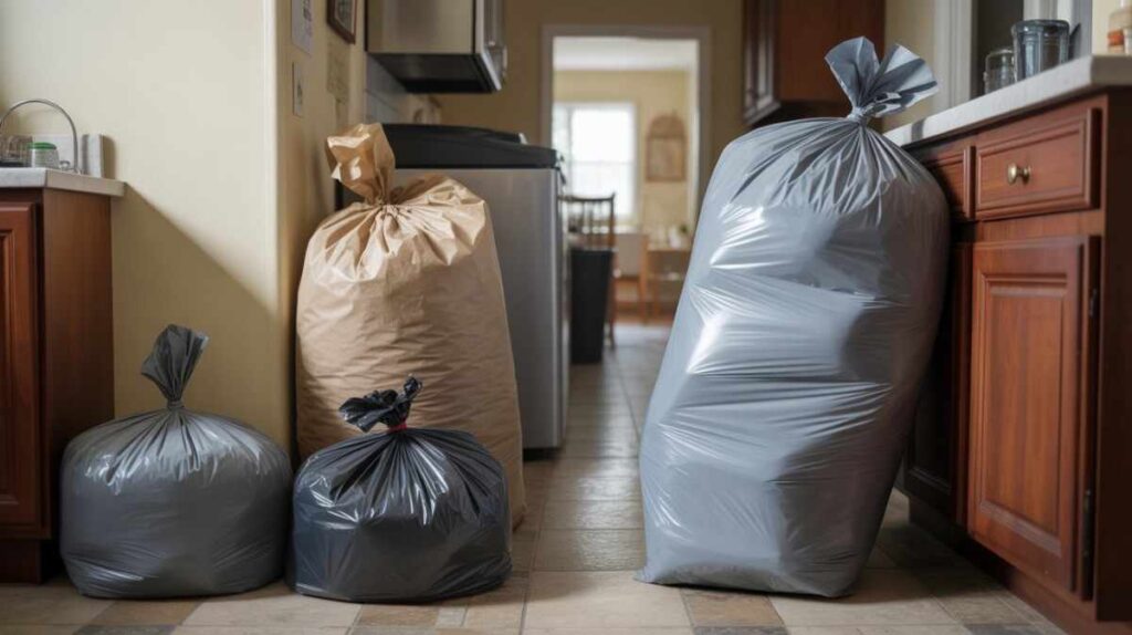 Large trash bags kept indoors showing recycling limitations and serious safety risks