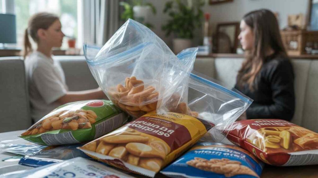 Multilayer snack and food packaging bags showing recycling difficulty and breathing risk