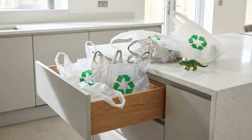 Thin plastic bags with recycling symbols stored indoors, showing recycling confusion and potential suffocation risks for children