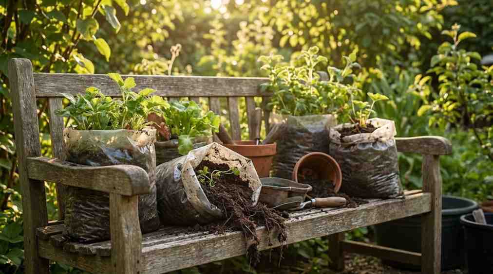 Illustration of dirty plastic bags with soil and roots placed among potted plants in a home garden, showing realistic and practical gardening.