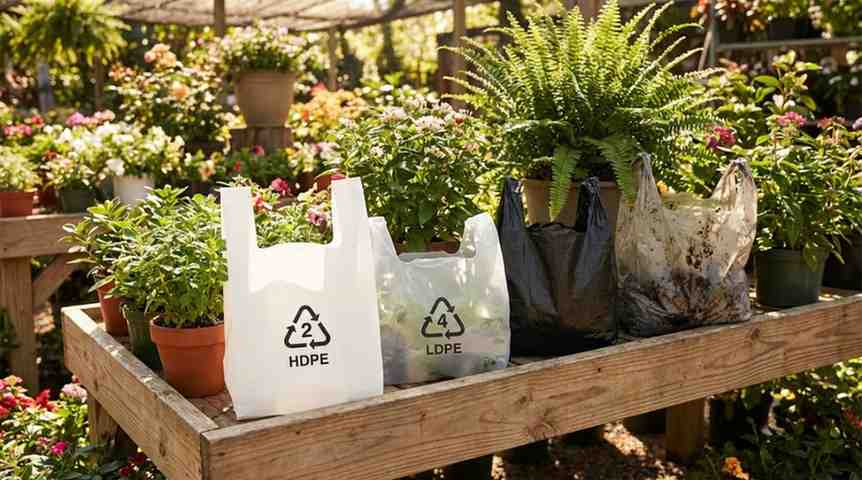 Illustration showing various types of plastic plant bags with recycling symbols, placed among potted plants, highlighting clean, dirty, and black plastics for practical gardening and recycling awareness.
