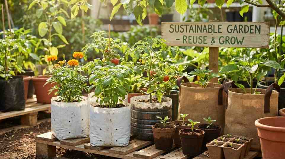 Illustration showing reused plastic bags for plants and eco-friendly alternatives like fabric grow bags and biodegradable pots in a home garden, highlighting sustainable gardening practices.