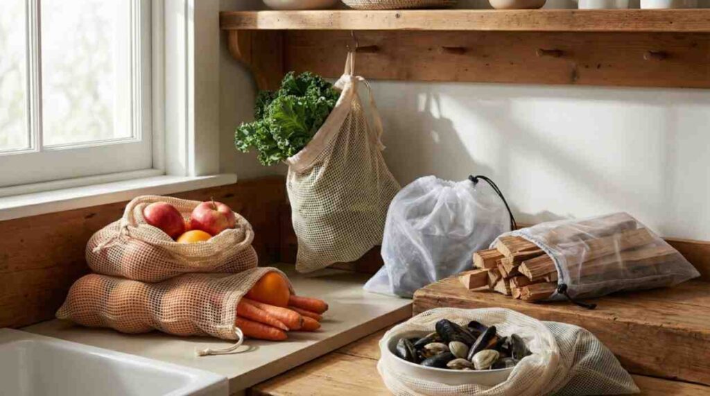 Plastic mesh bags filled with fruits, vegetables, shellfish, and firewood, highlighting durability, breathability, reusability, and eco-friendly everyday use.