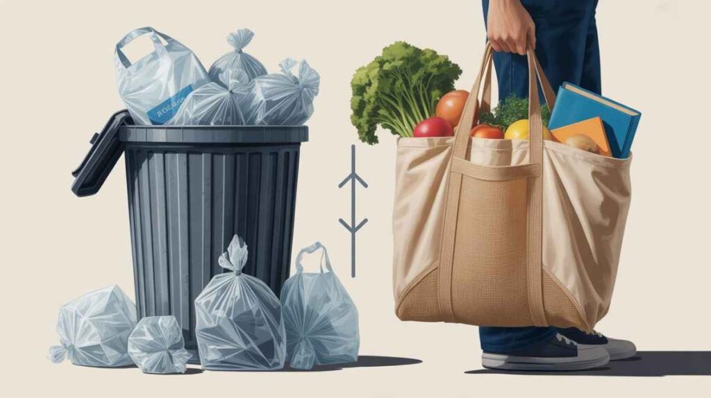 Comparison of reusable bags used multiple times and plastic bags discarded after one use, showing the difference in waste and sustainability.