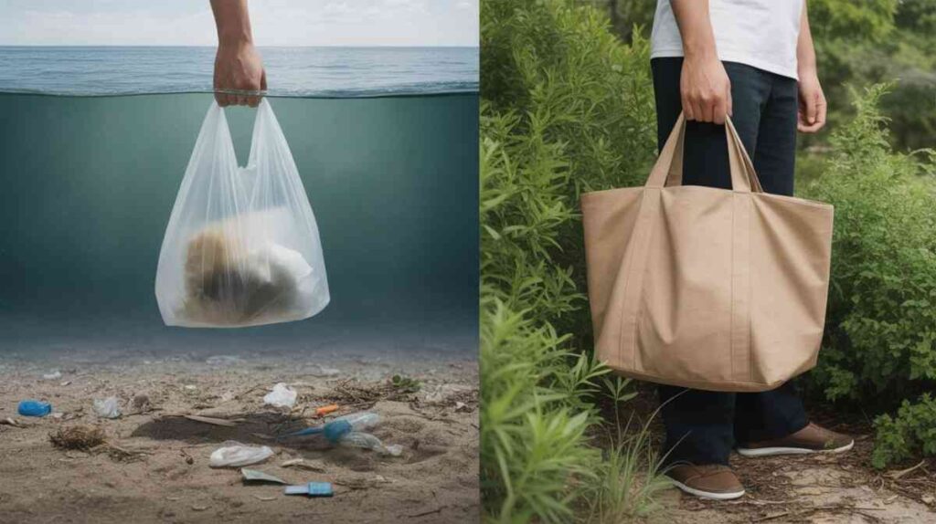Comparison showing a plastic bag used once causing long-term pollution and a reusable bag used many times with less waste.