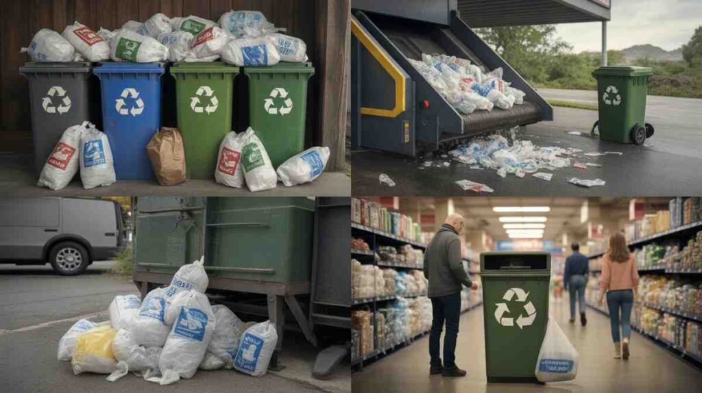 Plastic bags with recycling symbols causing confusion, clogging recycling machines, and being rejected or sent to landfills.