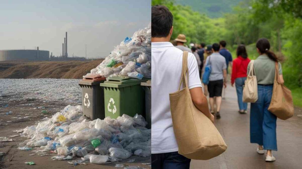 Rejected plastic bags near recycling facilities contrasted with reusable bags helping reduce waste and pollution.
