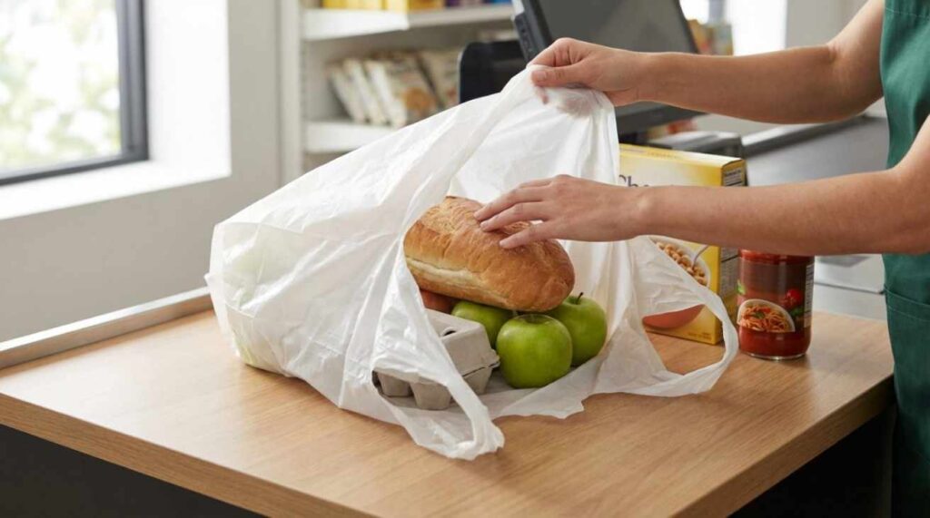 Durable shopping bags being used in grocery and retail stores, highlighting practicality, strength, and everyday convenience.