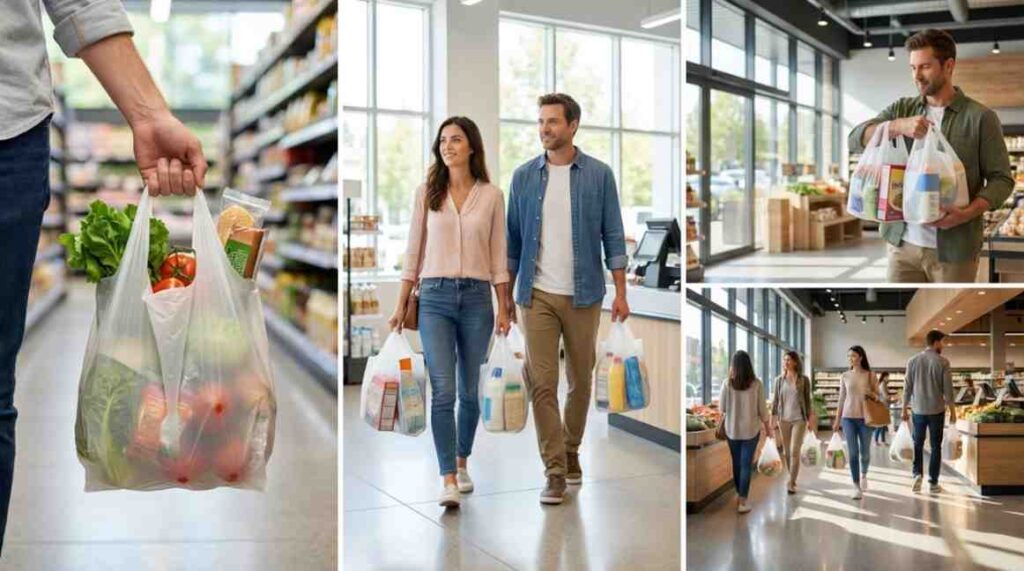 Lightweight shopping bags being used by customers in a clean retail environment, showing convenience, durability, and everyday practicality.
