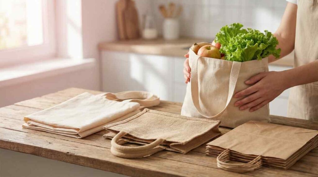 Reusable cotton, jute, compostable, and paper bags displayed for shopping and grocery use, illustrating eco-friendly and responsible bag alternatives.