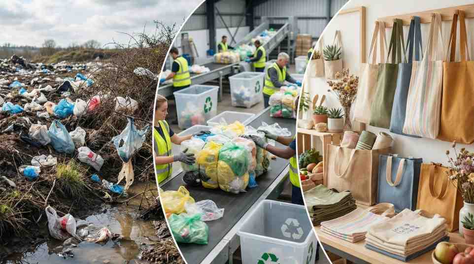 Plastic bags in landfills and recycling bins, alongside reusable cotton and jute bags, illustrating environmental challenges, proper disposal, and eco-friendly options.