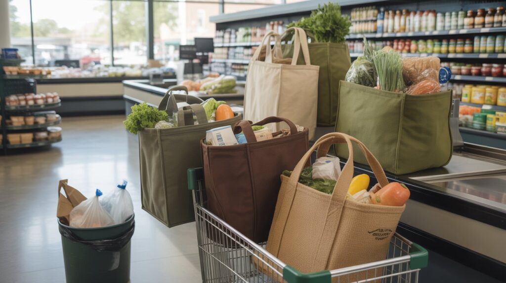 Reusable shopping bags replacing many plastic bags and reducing waste, pollution, and recycling pressure.