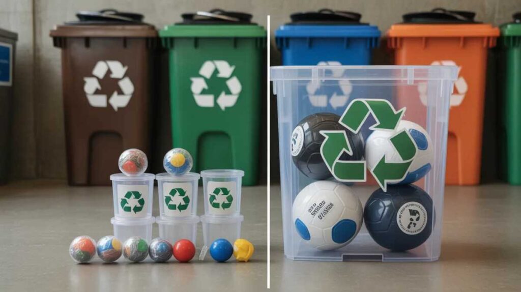 Small clear plastic toy containers and large sports ball storage bins showing how size and material impact recycling suitability