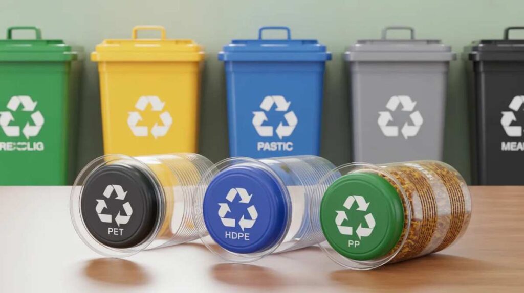 Close-up of plastic containers showing recycling codes PET, HDPE, and PP beside labeled recycling bins guiding correct plastic disposal