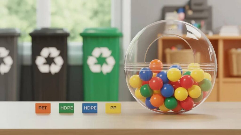 Clear round plastic container used for storing toy balls shown with PET, HDPE, and PP material labels near recycling bins